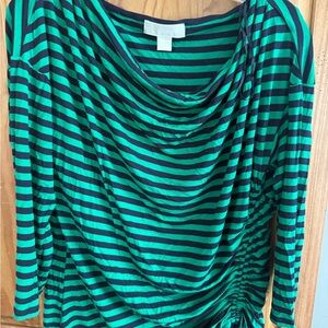 MICHAEL Michael Kors Black and Green Striped Long Sleeve Drape Top
